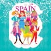 Vibrant cartoon illustration of The Pinky Story characters celebrating Spain, colorful characters dressed in lively outfits, perfect for children's books about Spanish culture and adventures.