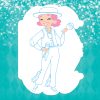 Whimsical illustration of a woman with pink hair wearing a hat, holding decorative ice cream treats, on a sparkling turquoise background, promoting The Wraperie's creative and fun dessert offerings.