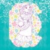 Coloring page digital illustration of a girl dressed as a bohemian hippy, holding a tambourine, with a floral background and a textured teal backdrop, promoting The Wraperie.