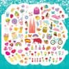 Colorful collection of stickers and illustrations related to fun, food, travel, and nature themes, suitable for decorating personal items or creative projects.