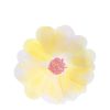 Bright yellow and white paper flower made of tissue paper, perfect for wrapping gifts or decorating for special occasions. DIY craft flower with vibrant colors and intricate details.