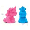 Colorful unicorn-shaped soap holders, pink and blue, perfect for bathroom decor and organization, featuring a cute, whimsical design with dimensions for easy placement.