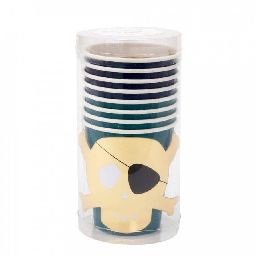Colorful stack of pirate-themed paper cups with skull and crossbones design, ideal for parties and events. Perfect for serving beverages with a fun and pirate-inspired touch.