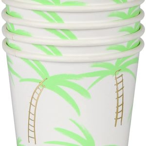 Lemon palm tree paper cups stacked for party or event, featuring a tropical design with green palm leaves and ladders, ideal for summer gatherings or themed celebrations.
