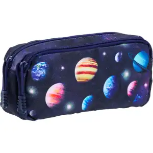 Colorful space-themed pencil case with planets and stars design, perfect for school supplies and stationery organization, featuring durable fabric and zip closure.