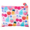 Fruit-themed clear plastic zippered pouch with kawaii characters, strawberries, cherries, pineapples, and watermelons, perfect for accessories and stationery storage.