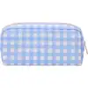 Blue gingham check pattern cosmetic bag, stylish toiletry pouch for travel essentials, lightweight and spacious design.