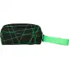 Neon green and black geometric patterned zippered bag with a matching adjustable strap, perfect for storage and organization at The Wraperie.