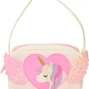 Pink unicorn bag with wing embellishments and heart detail, perfect for kids and unicorn lovers from The Wraperie.