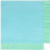 Disposable teal and green patterned paper napkins with fringed edges, ideal for catering, parties, and events at The Wraperie. Perfect for food presentation and table setting needs.