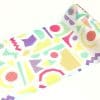 Vibrant geometric patterned wrapping paper roll with colorful shapes and designs, perfect for gift wrapping and DIY craft projects.