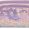 Purple glitter-covered zippered pouch with colorful flower-shaped confetti design, perfect for storing cosmetics, school supplies, or accessories.