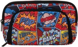 Colorful comic book superhero pattern backpack featuring bold "POW," "BOOM," "BANG" graphics, perfect for kids and teens, ideal for school or casual use.