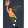 Colorful birthday wishes card featuring a cheerful boy holding a cake with candles, perfect for celebrating birthdays and sending warm greetings.