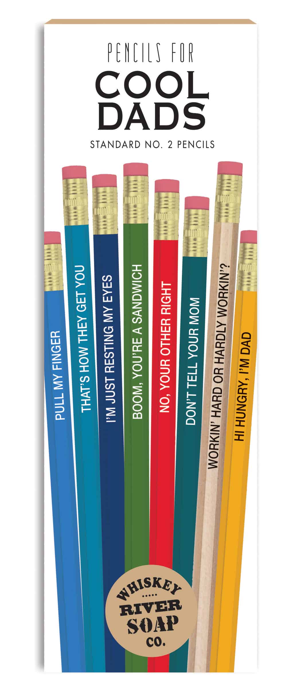 Colorful pencils with humorous quotes for Father's Day, featuring whiskey river soap branding and fun design elements.
