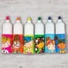 Brightly colored bottles with custom cartoon girl illustrations, perfect for kids' drinks or party favors at The Wraperie.