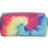 Colorful tie-dye pencil case with zipper closure, vibrant rainbow swirl design, ideal for school supplies or travel organization.