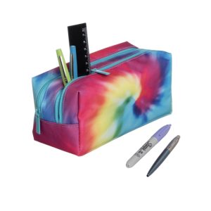 Colorful tie-dye pencil case with pens, ruler, and stationery for school or office use, showcasing vibrant, trendy accessories.
