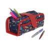 Bright colorful school pencil case with various pens and markers inside, featuring a fun racing car pattern, ideal for kids to organize their stationery.