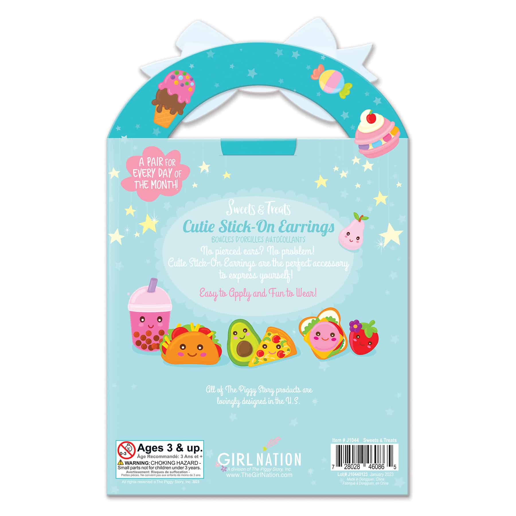 Colorful cute stick-on earrings featuring desserts and treats, perfect for kids to add fun and personality to their outfits, easy to apply and remove, suitable for children ages 3 and up.