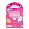 Pink packaging with unicorn, cloud, and moon illustrations for Girl Nation's cute stick-on earrings, ideal for children ages 3 and up, featuring easy-to-apply, fun accessories for expressing individuality.