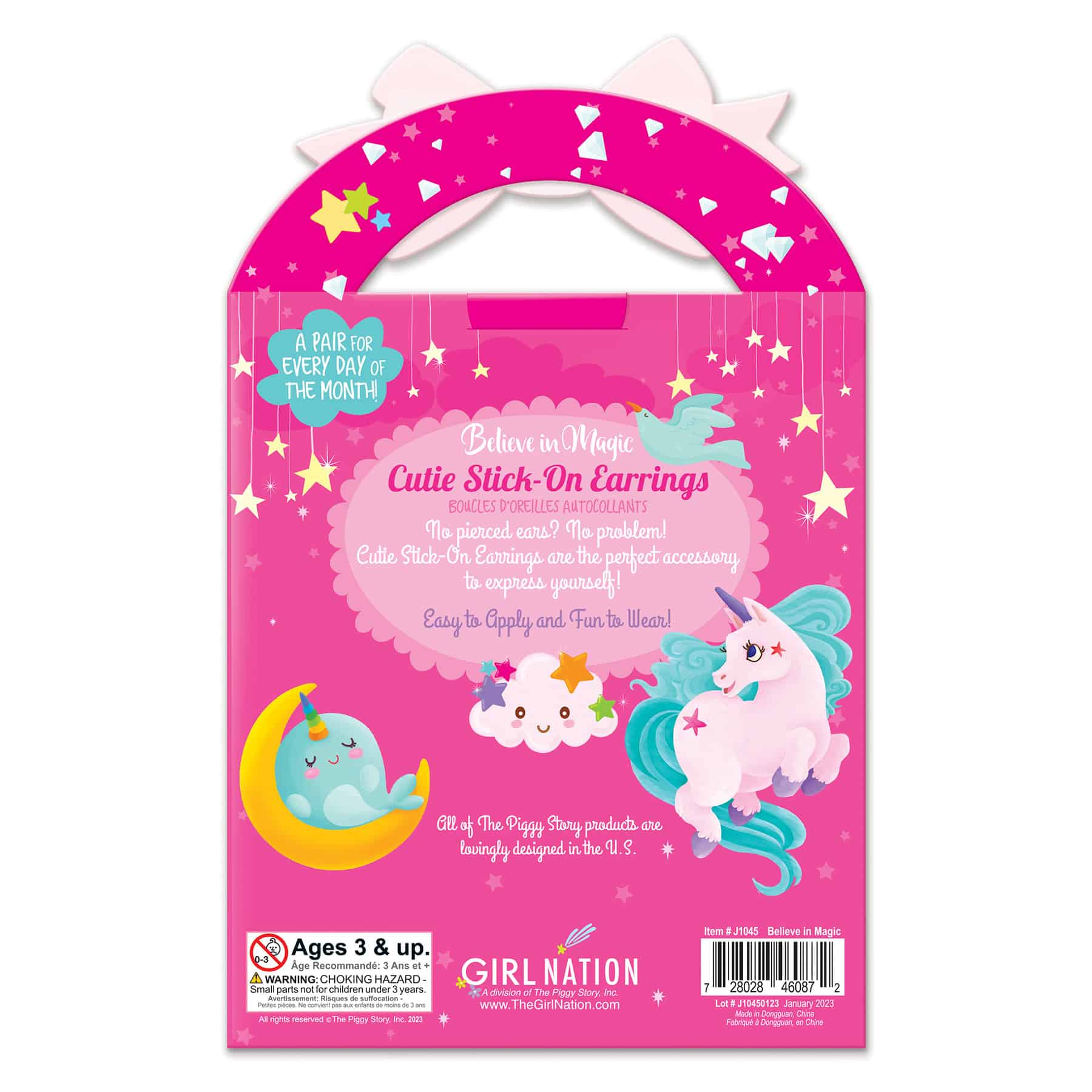 Pink packaging with unicorn, cloud, and moon illustrations for Girl Nation's cute stick-on earrings, ideal for children ages 3 and up, featuring easy-to-apply, fun accessories for expressing individuality.