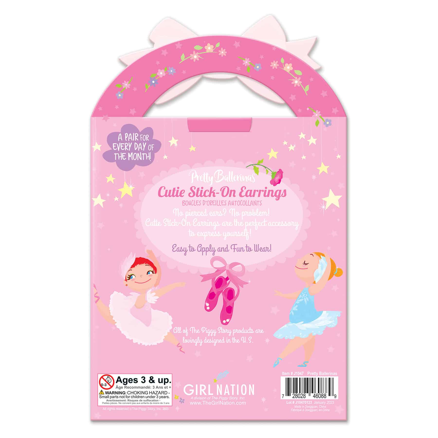 Colorful pink ballet-themed packaging for The Wraperie's cute stick-on earrings, featuring ballerinas and star motifs.