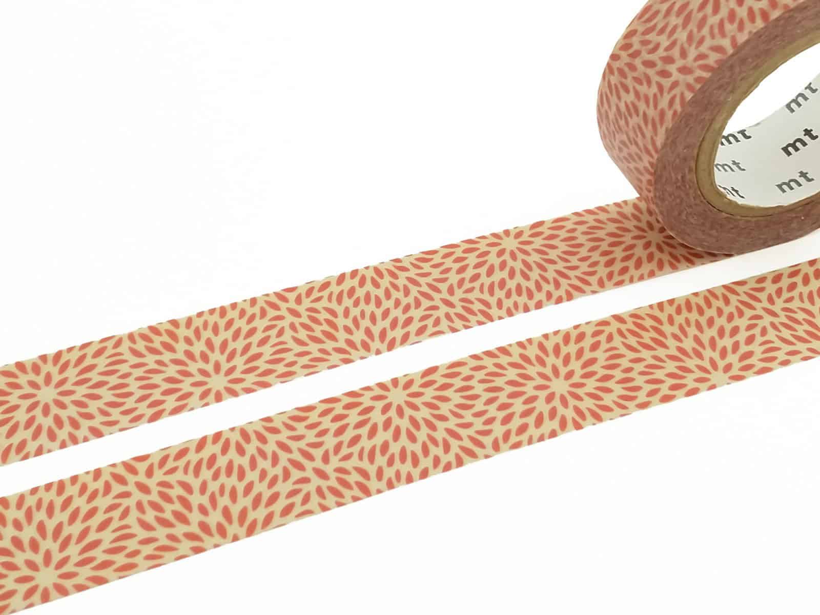 Colorful decorative washi tape featuring a pink and beige floral pattern, perfect for crafts, gift wrapping, and home decor.