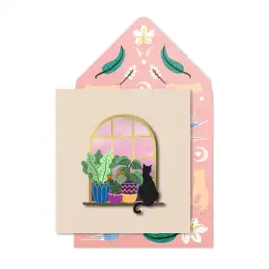 Vibrant illustrated greeting card featuring a black cat sitting beside potted green plants, with a window in the background, perfect for plant lovers and cat enthusiasts.