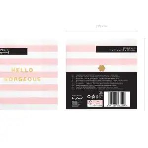 Pink and white striped napkin packaging with "Hello Gorgeous" message, perfect for gifting and special occasions, made from high-quality, eco-friendly materials for beauty and celebration events.