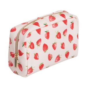 Strawberry-patterned cosmetic or toiletry bag from The Wraperie, featuring a zipper closure, perfect for travel organization and stylish storage.