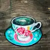 Hand-painted tea cup illustration featuring floral designs, perfect for bakery and cafe branding, with vibrant colors and artistic style.