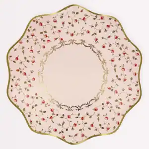 Elegant floral wrap with pink and red roses, gold accents, perfect for teas and parties, from The Wraperie.