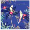 Vibrant birthday greeting card featuring colorful parrots with bow ties on lush tropical leaves and flowers, perfect for celebration themes and tropical-inspired birthday wishes.
