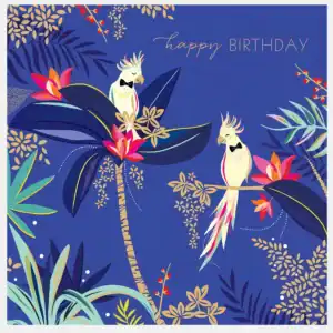 Vibrant birthday greeting card featuring colorful parrots with bow ties on lush tropical leaves and flowers, perfect for celebration themes and tropical-inspired birthday wishes.