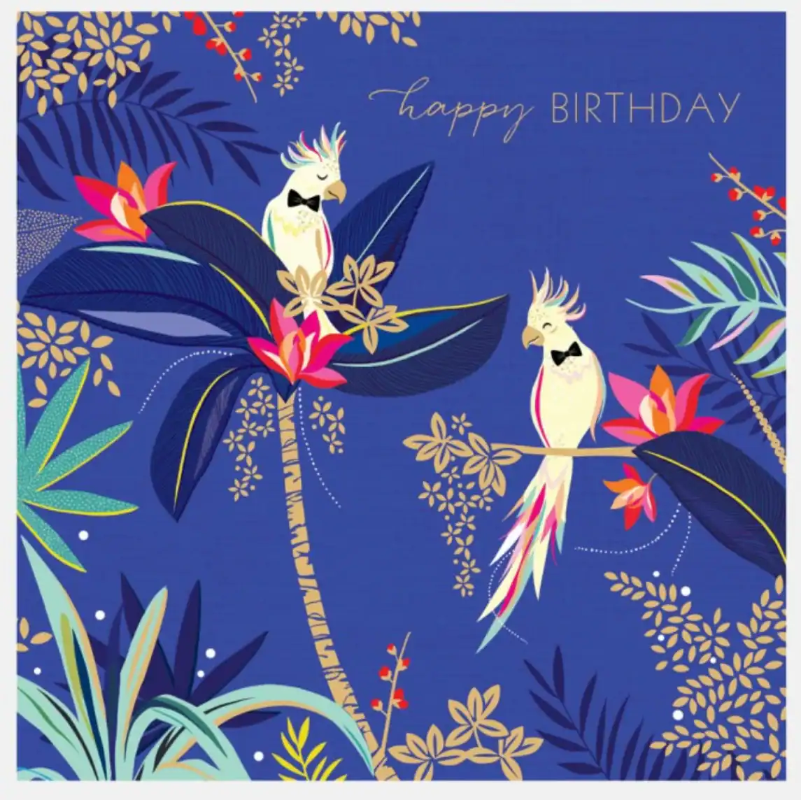 Vibrant birthday greeting card featuring colorful parrots with bow ties on lush tropical leaves and flowers, perfect for celebration themes and tropical-inspired birthday wishes.