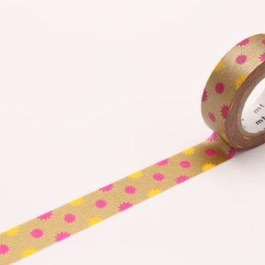 Colorful decorative washi tape with pink and gold polka dot pattern, perfect for craft projects and gift wrapping.