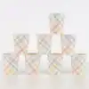 Colorful plaid paper food cups with pastel shades, ideal for serving desserts, snacks, or beverages at parties and events.