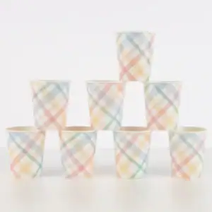 Colorful plaid paper food cups with pastel shades, ideal for serving desserts, snacks, or beverages at parties and events.