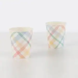 Colorful pastel plaid paper cups for parties and celebrations, perfect for serving beverages at events. Reusable and eco-friendly disposable party cups with a cheerful, vibrant design.