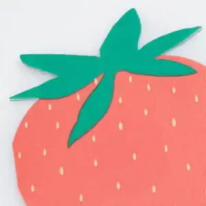 Bright strawberry-themed foam cutout with green leaves, ideal for party decorations and creative craft projects, showcasing vibrant colors and playful design.