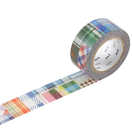 Colorful plaid patterned washi tape roll with various vibrant designs for craft and decorative use.