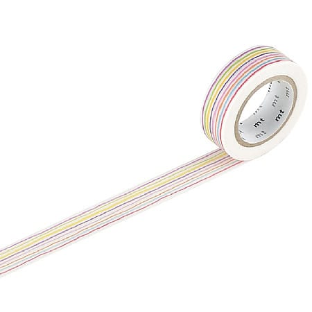 Colorful washi tape featuring pastel stripes, perfect for decorating stationery and craft projects at The Wraperie.