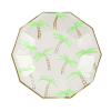 Palm tree patterned paper plate with gold trim, perfect for tropical-themed parties and summer events. Bright, fun design adds a festive touch to any celebration.