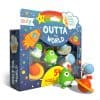 Colorful space-themed puzzle and figurine set featuring alien characters, rockets, and planets for kids ages 6 and up, encouraging imaginative play and cognitive development.