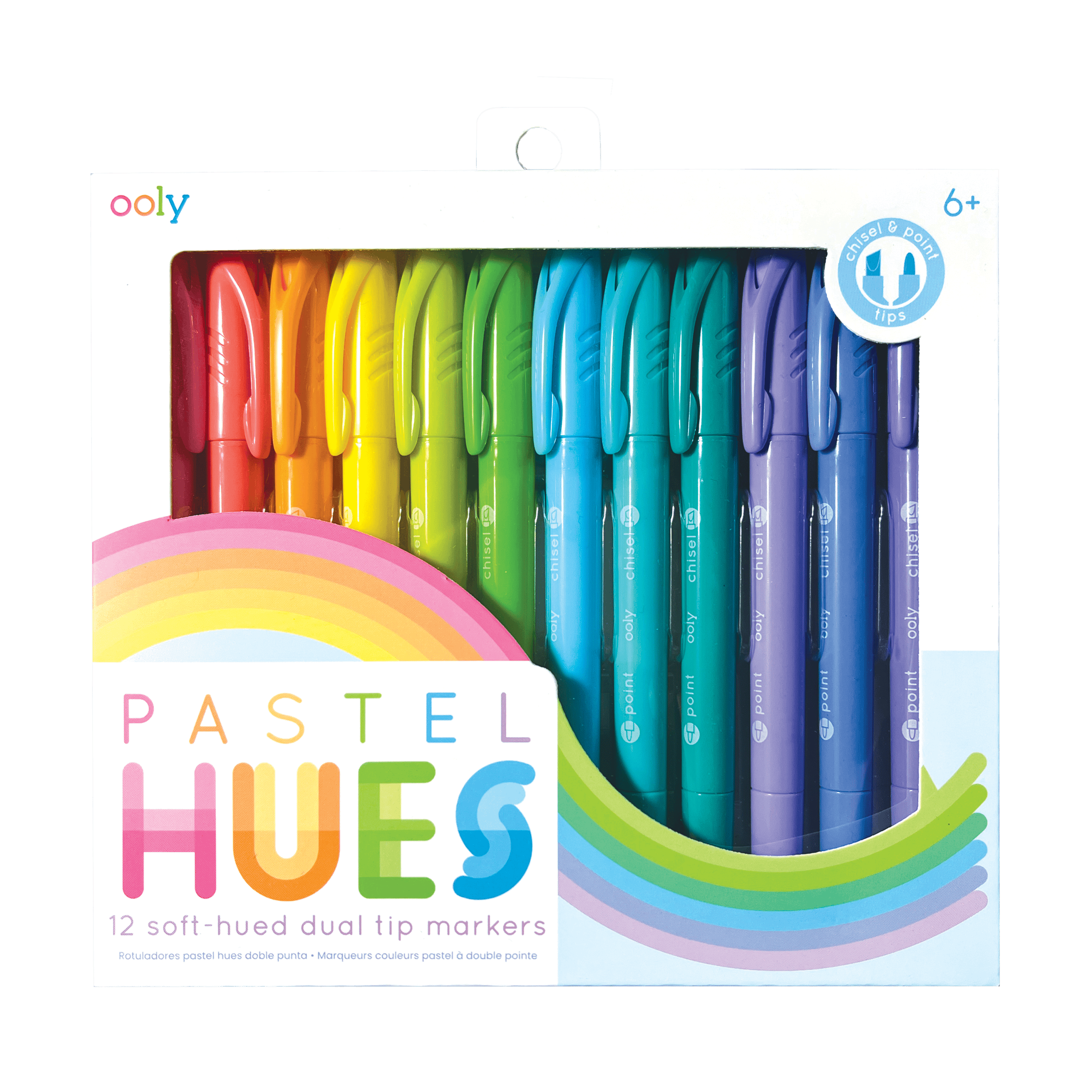 Bright pastel-colored dual tip markers in rainbow hues, perfect for kids' art projects and creative coloring.