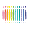 Bright colorful highlighters in rainbow shades with swatches above, perfect for creative projects and highlighting text.