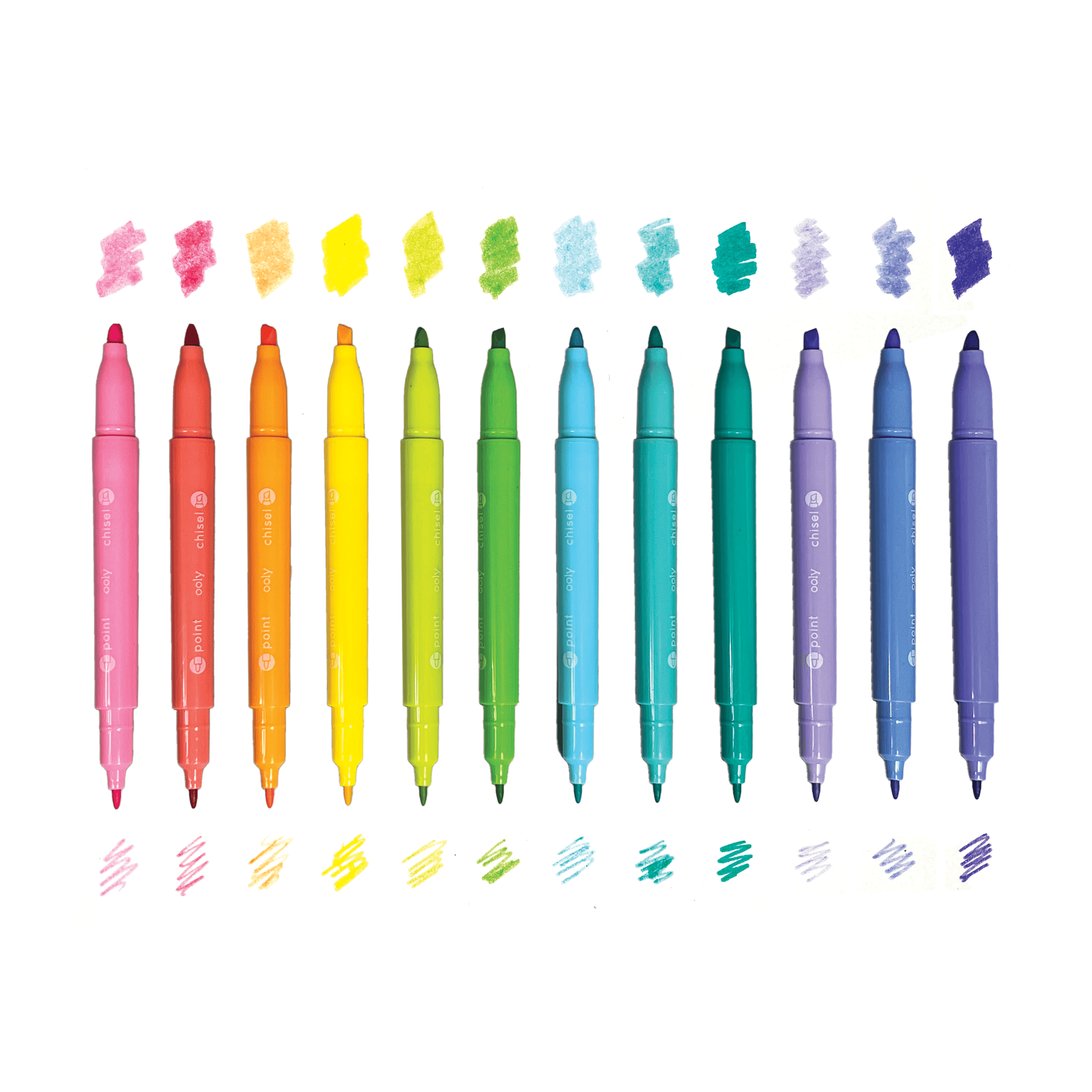 Bright colorful highlighters in rainbow shades with swatches above, perfect for creative projects and highlighting text.