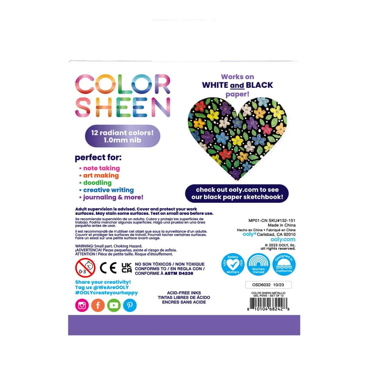 Vibrant colorful gel pens featuring 12 radiant colors, ideal for note-taking, art making, doodling, creative writing, and journaling on both white and black paper.