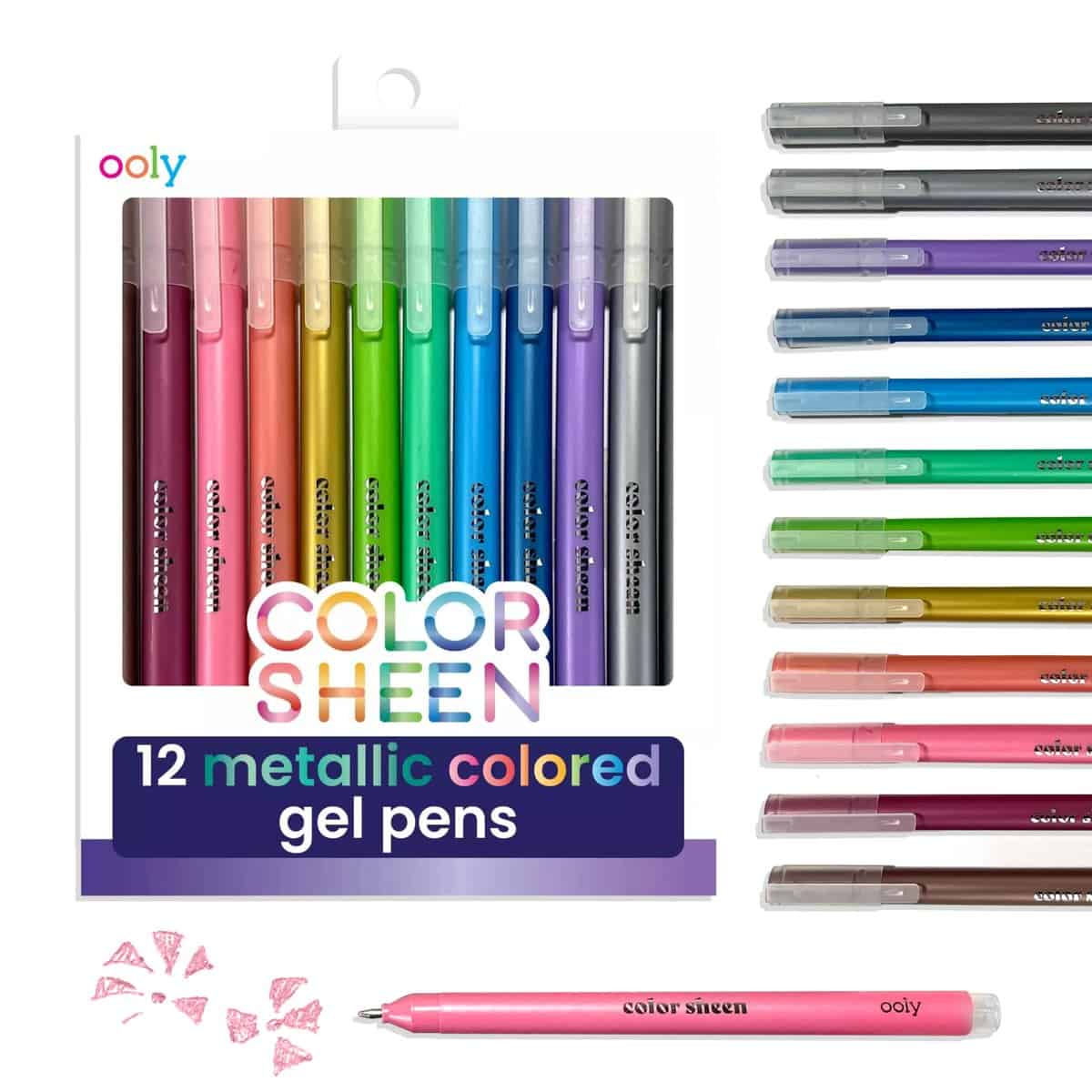 Vibrant 12-pack metallic colored gel pens in rainbow shades, perfect for creative projects and crafts at The Wraperie.
